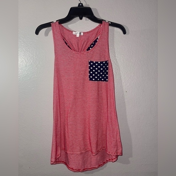Moa Moa Red And White Stripe With Polk-A-Dot Pocket And Bow In Back Tank Top - Picture 4 of 4